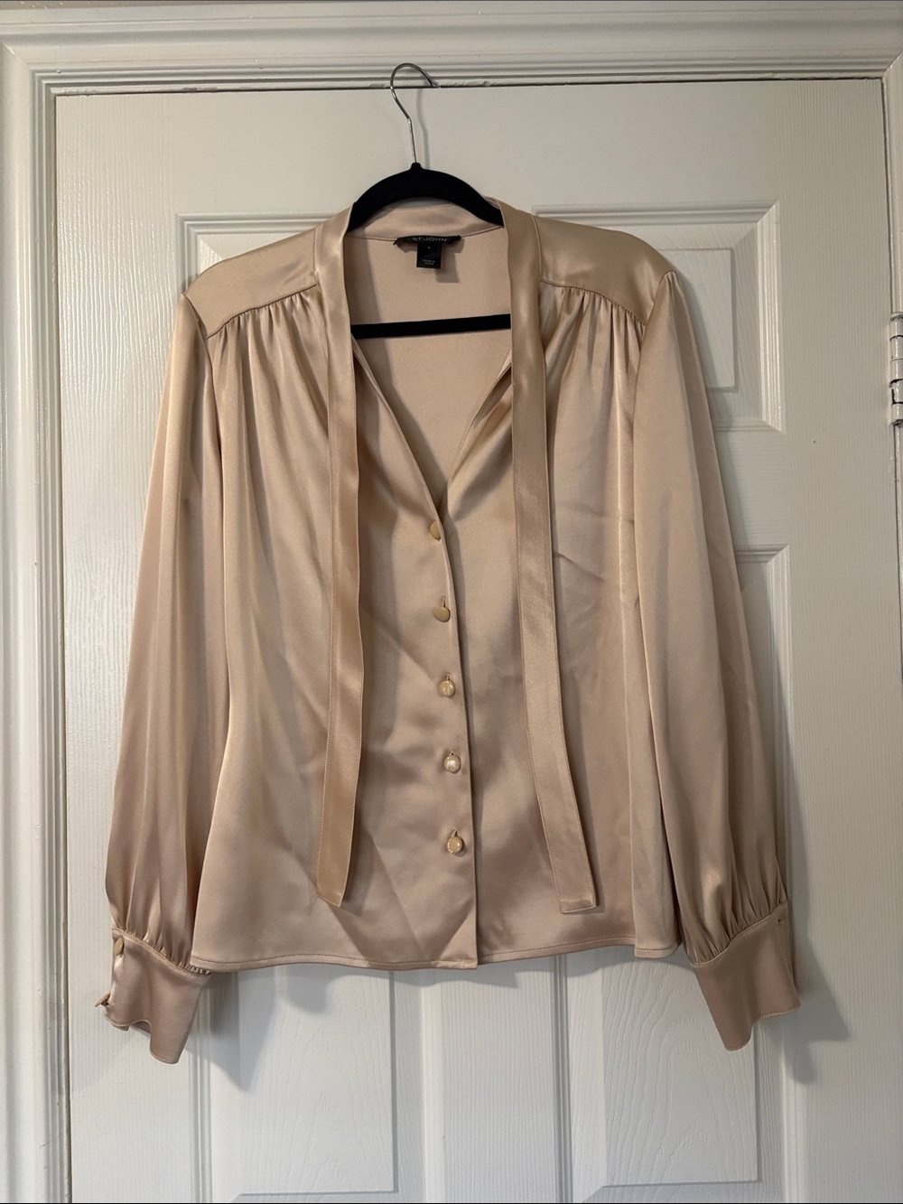 St. John Satin like Tie-Neck Blouse in Soft Cream